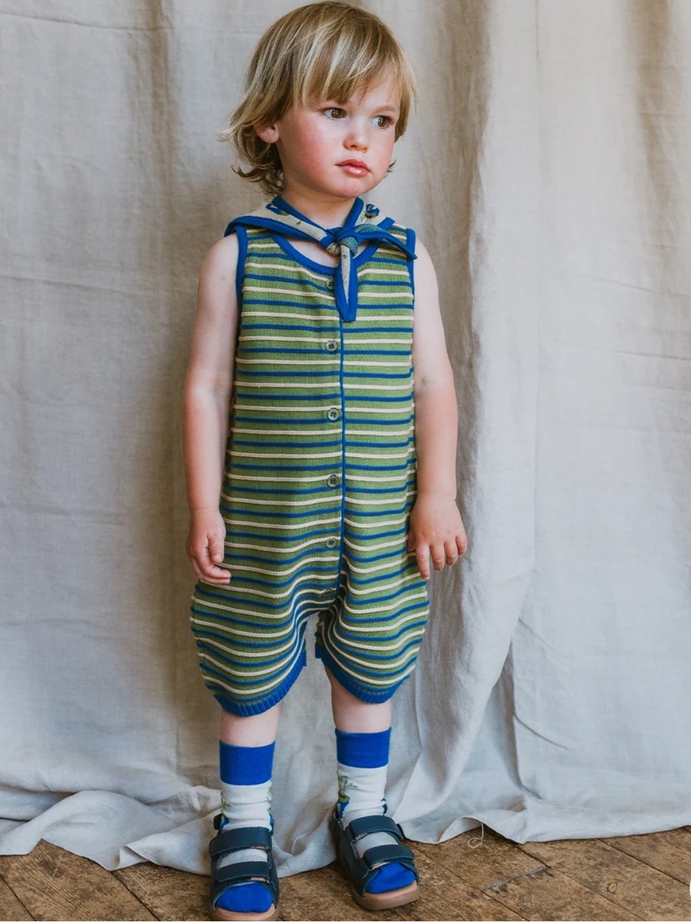 Striped Sailor-Style Kids Deck One-Piece Romper in Green & Blue and scarf